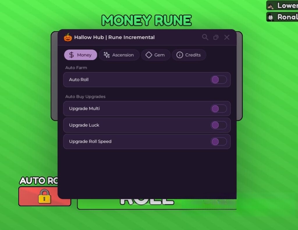 Rune Inc: Auto roll money, Auto roll gem, Auto ascend Script